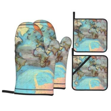 Imagem de Conjunto de luvas de forno impressas com mapa-múndi de desenho animado, conjunto de 4 peças adequado para grelhar, cozinhar e assar