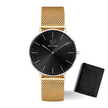 Imagem de Relógio Masculino Dourado Analógico New Port + Porta Cartão-Masculino