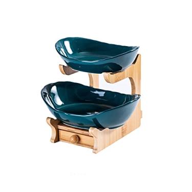 Imagem de Conjunto de cesta de frutas com tigela oval e rack de bambu natural conjunto de pratos de cerâmica em camadas para decoração de mesa de aperitivo de sobremesa de frutas (tamanho: 3 níveis) (2)