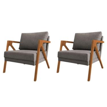 Imagem de Conjunto 2 Poltronas Sala De Estar Monique Madeira Cerejeira Grafite Linho