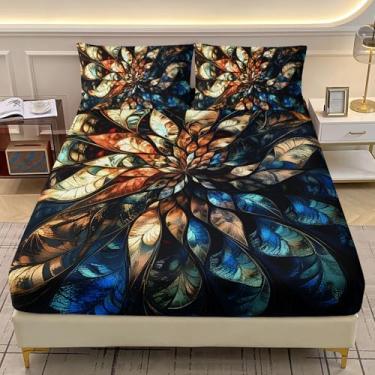 Imagem de AILONEN Jogo de cama de casal floral de luxo para meninas e mulheres, mandala azul e dourada com 2 fronhas, conjunto de lençol de 3 peças de arte abstrata para decoração de quarto