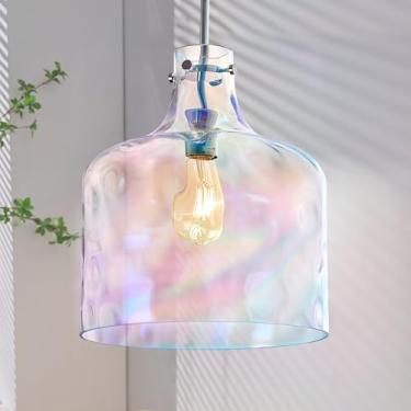 Imagem de CATINER Luminária pendente de vidro martelado colorido, luminária suspensa cromada soprada à mão com sombra tingida artística, luminária de teto vintage para ilha de cozinha, sala de jantar, quarto