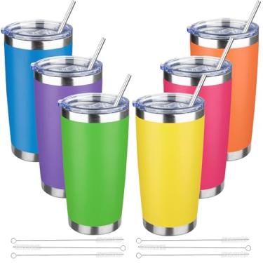 Imagem de Copo de 590 ml com tampas e canudos, caneca de café de viagem com isolamento de aço inoxidável, copos isolados a vácuo de parede dupla, copo de café revestido em pó para bebidas frias e quentes (cores