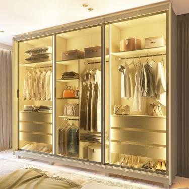 Imagem de Guarda Roupa Casal com Vidro Reflecta LED 3 Portas de Correr com Pes MDF Platinum Gelius