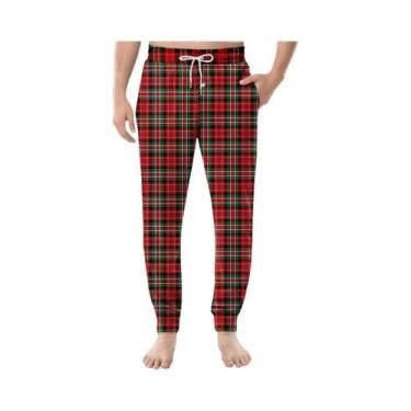 Imagem de Calças De Pijama Casuais Masculinas Com Estampa Xadrez, Cordão, Bolsos