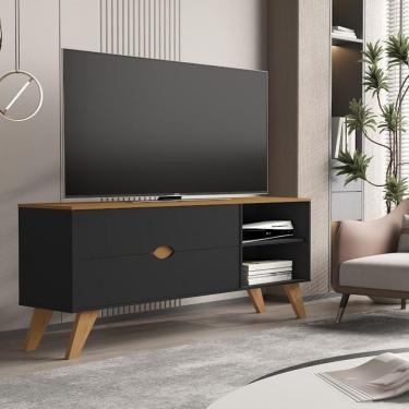 Imagem de Rack Para Tv Até 55 Polegadas Homero Com Gavetas E Pés De Madeira Preto/cedro