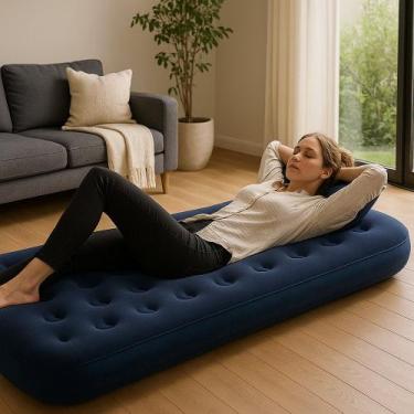 Imagem de Colchão Inflável Premium Solteiro Liso Azul  Conforto Elevado, Rápido 