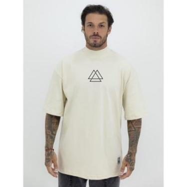 Imagem de Camiseta Camisa Oversized Gola Alta Estampa Triângulo Streetwear Algodão Premium Creme-Masculino