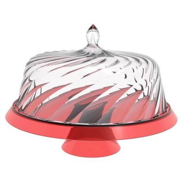 Imagem de Boleira Porta Bolo com Cúpula e Pé 30cm Vermelho Transparente Glassy C