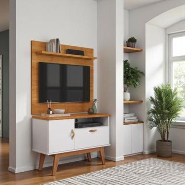 Imagem de Painel para Sala e Rack Sirius Pés de Madeira Puxadores Couro Patrimar