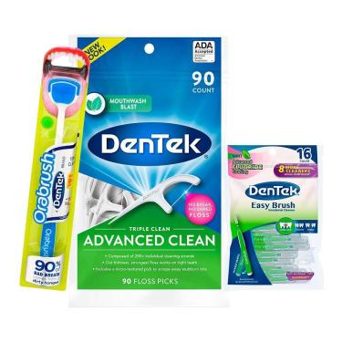 Imagem de Kit Dentek Escova de Língua Orabrush + Fio Dental Triple Clean 90un + Escova Easy Brush Fino c/ 16un