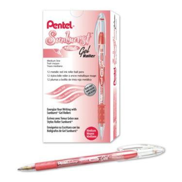 Imagem de Pentel Caneta de gel metálica Sunburst, ponta de 0,8 mm escreve linha de 0,4 mm, vermelha/transparente, tinta vermelha, caixa com 12 (K908-MB)