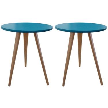 Imagem de Kit 2 Mesa De Canto Lateral Redonda Hadasa Azul 68Cm