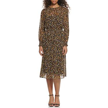 Imagem de Tommy Hilfiger Vestido midi feminino com cintura sintética, Preto/Girassol, 36