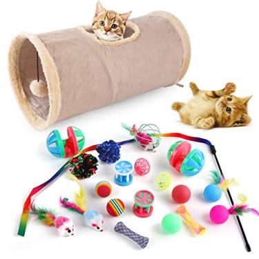 Imagem de LUGU Brinquedos para gatos 21 peças conjunto de brinquedos para gatinhos interativos para gatos de interior com canal de para gatos varinha de provocação colorida corda de mola de mola de penas de