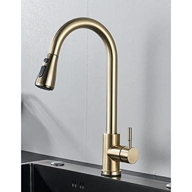 Imagem de Torneira de cozinha de níquel escovado com furo único, bico removível para pia de cozinha, torneira misturadora, cabeça de pulverização, torneira misturadora cromada/preta, ouro escovado A