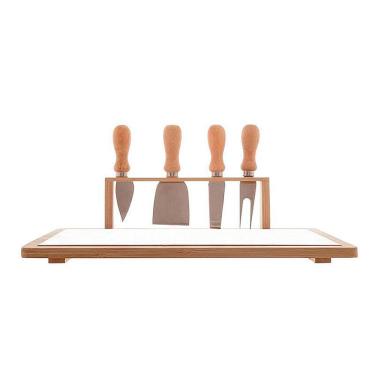 Imagem de Conjunto Bandeja de Bambu e Cerâmica com 4 pçs para Queijo de Aço Inox com Cabo de Bambu 33x26,5cm 7147 - Lyor