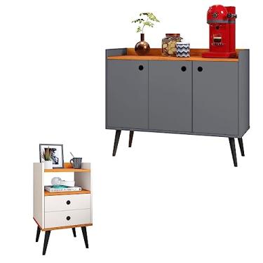 Imagem de Kit Cozinha Cantinho Café Aparador Buffet Decoração Sala Quarto Mesinha Cabeceira Mesa Lateral 2 Gavetas Retrô - RPM Móveis (Cinza | Off White Cinamomo)