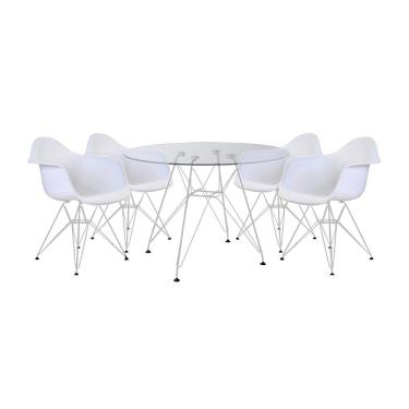 Imagem de Mesa de Jantar Eames Eiffel Vidro Redonda 110cm com 4 Poltronas Brancas Ferro Branco