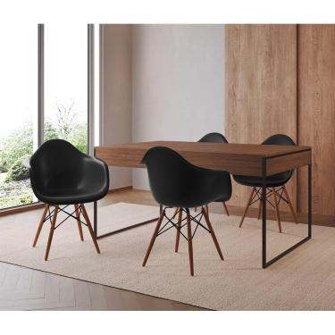 Imagem de Mesa Jantar Industrial Filadélfia Amêndoa 137x90cm Base Ferro Preto com 4 Poltronas Pretas Eames Eif