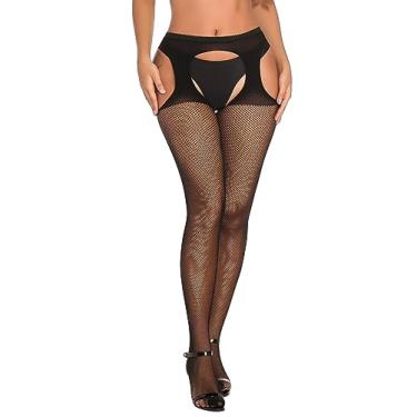 Imagem de Verdusa Meia-calça feminina arrastão de cintura alta com suspensório de renda, Arrastão preto, Tamanho Único