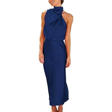 Imagem de Vestido feminino de cetim, elegante, sem mangas, gola alta, coquetel, festa, vestido maxi de cor sólida, Azul escuro, M