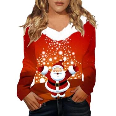 Imagem de Elogoog Camiseta feminina Merry Christmas Pullover Merry and Bright Off Shoulder Shirt Vintage Cute Christmas Tree Shirt, Vermelho, M