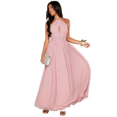 Imagem de Camisa Feminina Elegant Pink Cross Wrap Tie Backless Halter Neck Maxi Chiffon Dress (Color : Pink, Size : L)