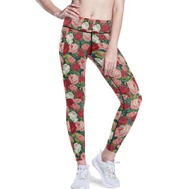 Imagem de KLL Leggings femininas de cintura alta e flores rosas para ioga leggings de ginástica PP, Roses Beauty Flower, X-Small