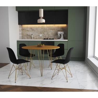 Imagem de Mesa de Jantar Redonda 110cm Canela Clips 3 Pés Dourado com 4 Cadeiras Eames Eiffel Pretas