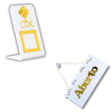 Imagem de Placa PIX expositor de Qr code + Placa Loja Aberto Fechado Acrilico Com Ventosa (Branco Com Dourado)