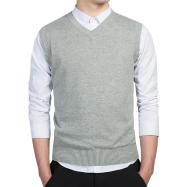 Imagem de Suéter de algodão masculino manga longa cardigã masculino gola V suéter solto sólido botão ajuste tricô estilo casual, Colete cinza claro 9, G