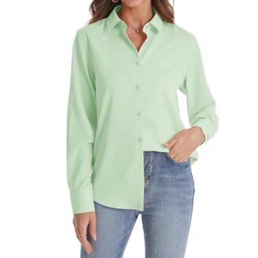 Imagem de J.VER Camisa feminina de botão manga longa sem rugas leve de chiffon sólido blusa de trabalho, Verde claro, M