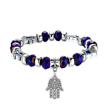 Imagem de Zeshimb Pulseira Hamsa de olho turco com contas de cristal Fátima pulseira de mão elástica lateral olho azul Hamsa pulseira turca olho turco joia para mulheres e homens, Cristal Resina