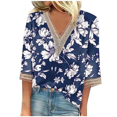 Imagem de Camisetas femininas de verão manga 3/4 com decote em V floral 2024, camisetas femininas casuais com acabamento em renda, blusas femininas elegantes e casuais, Azul-marinho 157, 3G