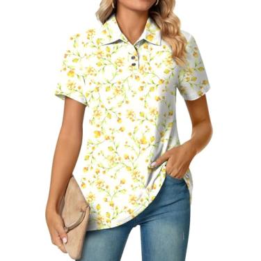 Imagem de Aodemo Camisas polo femininas de verão elegante túnica com colarinho de botão manga curta tops de trabalho decote em V blusas soltas, Polo-damasco Flores, XG