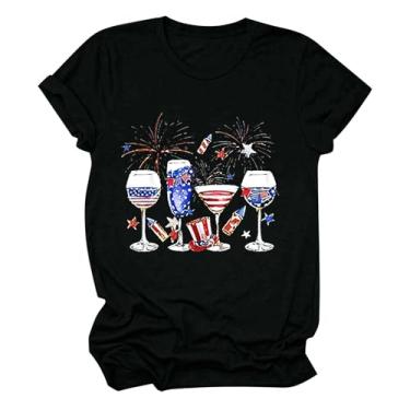 Imagem de Camiseta feminina de 4 de julho de 4 de julho com estampa de taças de vinho, túnica de manga curta, camiseta do Dia da Independência, Preto, XXG