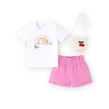 Imagem de PATPAT Conjunto de 3 peças para meninas, camiseta de manga curta e shorts de cor lisa com bolsa de palha de tecido, roupas de verão, Roxo arco-íris, 3-4 Anos