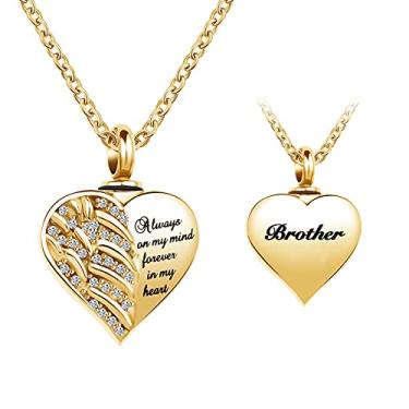 Imagem de LuxglitterLin Joias douradas de cremação de coração para mãe, papai, irmã, cinzas, urna de asa de anjo, colar com pingente de lembrança memorial, cristal, aço inoxidável, strass, Cristal sintético