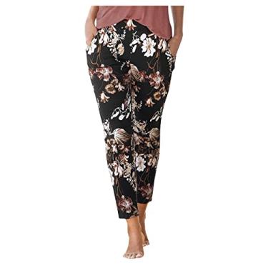 Imagem de Lainuyoah Calça cropped leve para mulheres verão plus size estampa floral boho cintura elástica férias calças afuniladas, B - preto, M