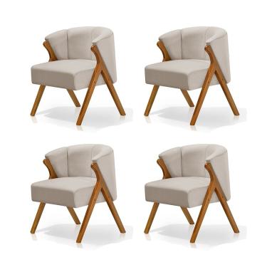 Imagem de Kit 4 Poltronas Luxo Moderna Luna Pés em Madeira Maciça Veludo Bege