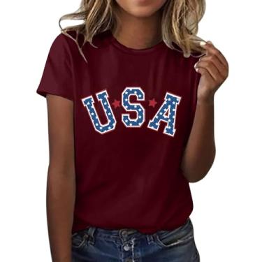 Imagem de Camiseta feminina com bandeira dos EUA, patriótica, dia da independência, manga curta, gola redonda, caimento solto, túnica verão 2024, Vinho, GG