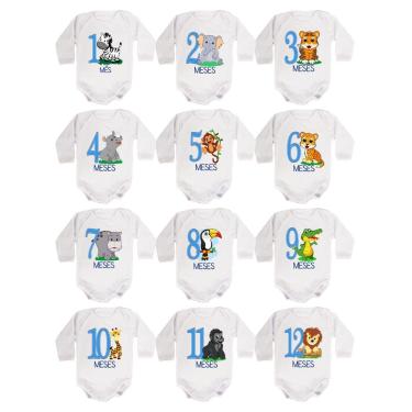 Imagem de Body Bebê Mesversario Manga Longa Safari Menino Kit 12 Bodies 1 a 12 Meses