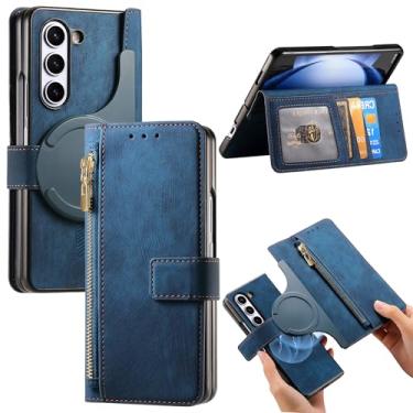 Imagem de CCSmall Capa carteira magnética destacável para Samsung Galaxy Z Fold 6 5G, material com bloqueio de RFID, capa de couro flip retrô com zíper e compartimentos para cartões para Galaxy Z Fold6 KQX azul