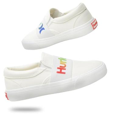 Imagem de Hurley Tênis infantil de lona sem cadarço – Tênis de skate de cano baixo para crianças, calçados esportivos para meninos e meninas, tênis casuais, Branco multi, 12 Little Kid