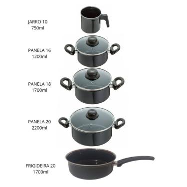 Imagem de Jogo Panelas 5 peças Aço Vítreo Preto Cerâmica Indução JJB
