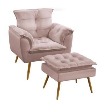 Imagem de Kit Poltrona Almofadada Decorativa Beta e Puff Lunar N-031 Veludo Rosê