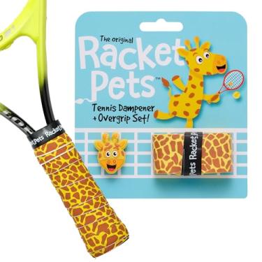 Imagem de Racket Pets Amortecedor de raquete de tênis infantil e fita overgrip combinando, amortecedor de absorção de choque para raquete de tênis e fita adesiva divertida com estampa animal (girafa)