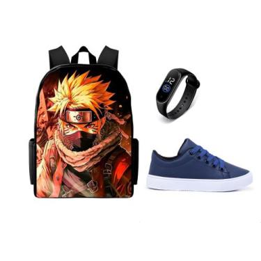 Imagem de Mochila Escolar Juvenil Lançamento Naruto Mais Tênis Casual E Relógio 
