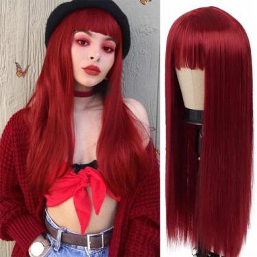 Imagem de Lacewig, peruca, vermelha, ruiva, marsala, lisa, franja, longa, 75cm -